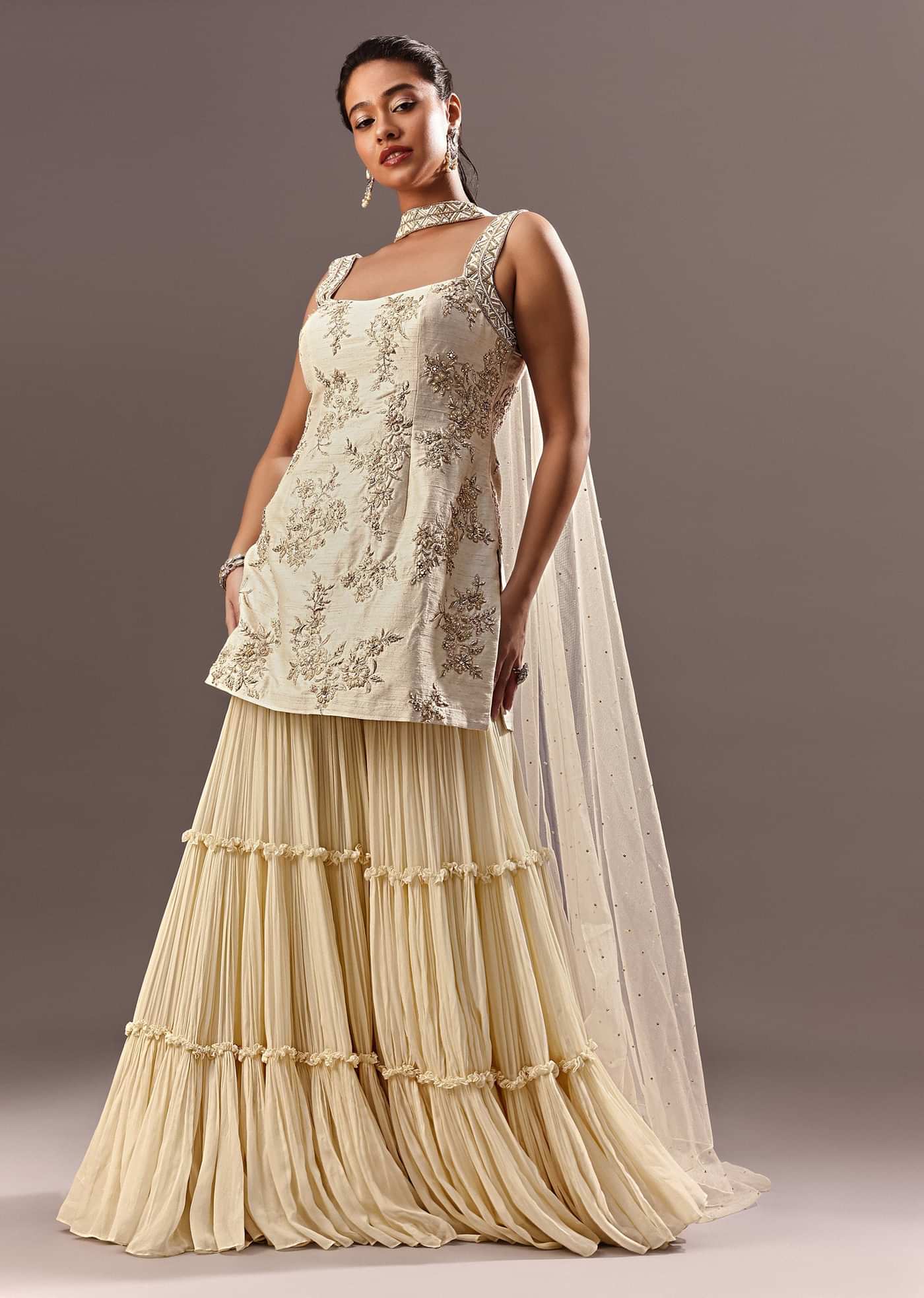 Off White Embroidered Kurta Sharara With Choker Dupatta