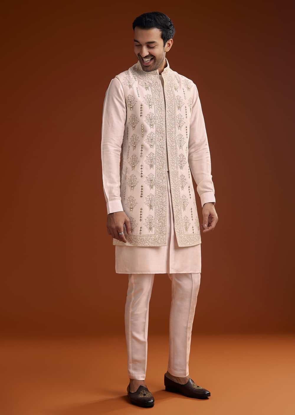 Off White Silk Kurta With Mirror And Thread Work Jacket