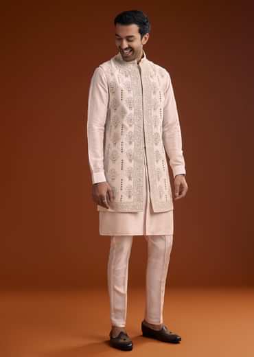 Off White Silk Kurta With Mirror And Thread Work Jacket