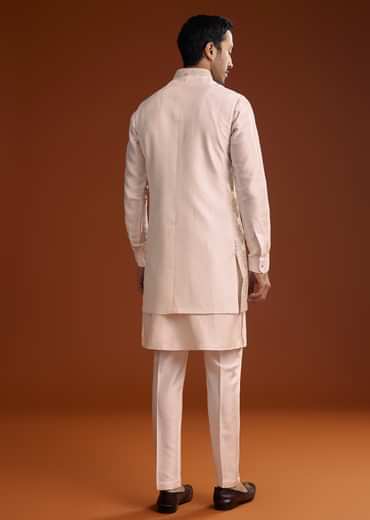 Off White Silk Kurta With Mirror And Thread Work Jacket