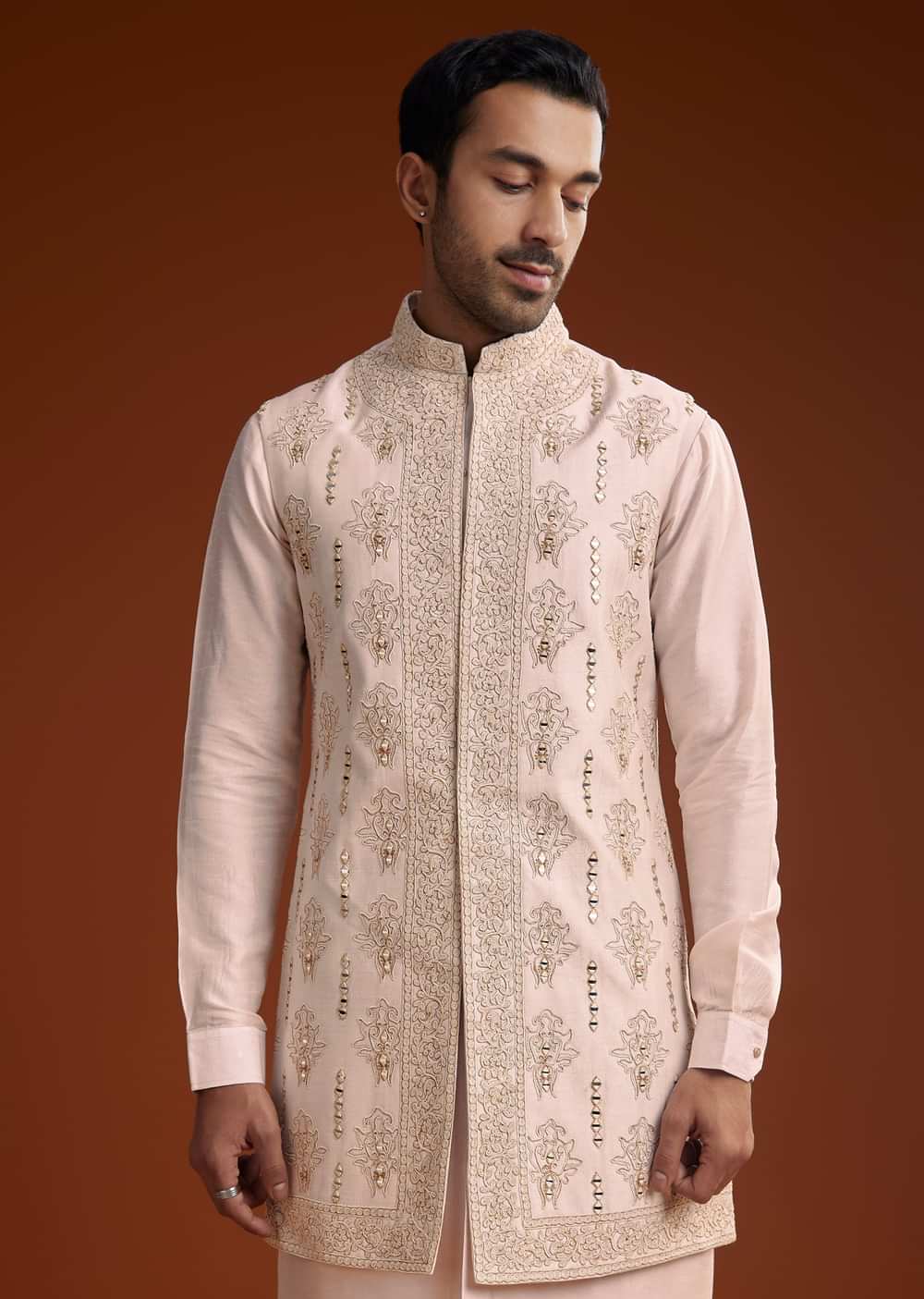 Off White Silk Kurta With Mirror And Thread Work Jacket