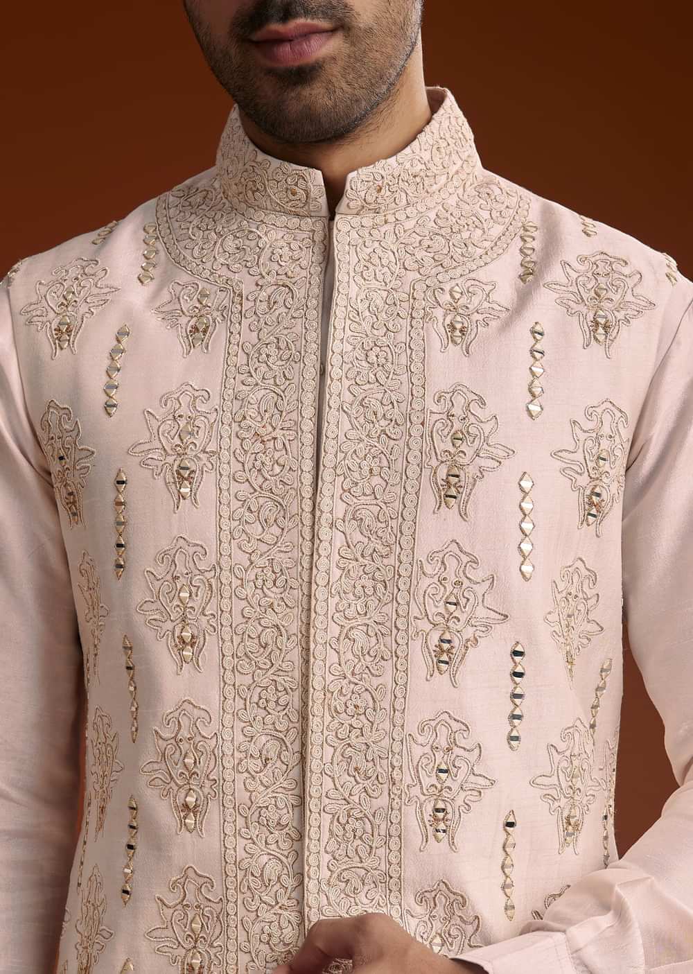Off White Silk Kurta With Mirror And Thread Work Jacket
