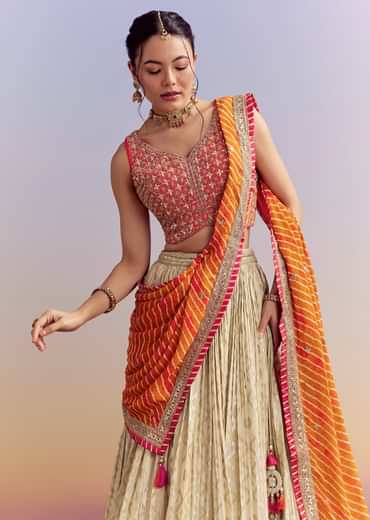 Orange Brocade Silk Bridesmaid Lehenga With Leheriya Dupatta
