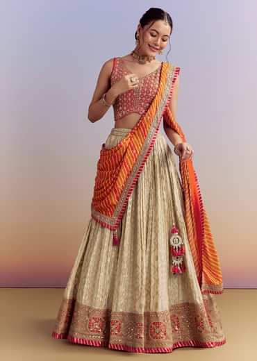 Orange Brocade Silk Bridesmaid Lehenga With Leheriya Dupatta