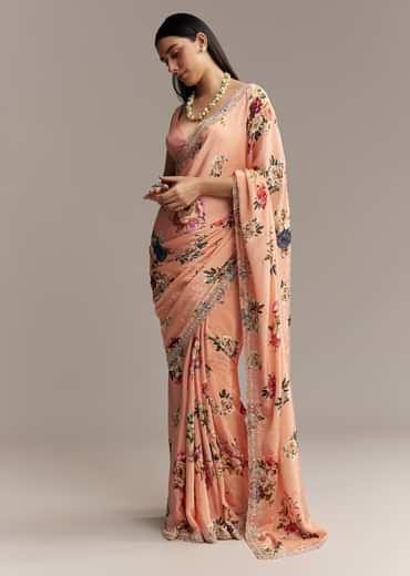 Peach Crepe Saree With Multicolor Floral Print And Embroidered Border