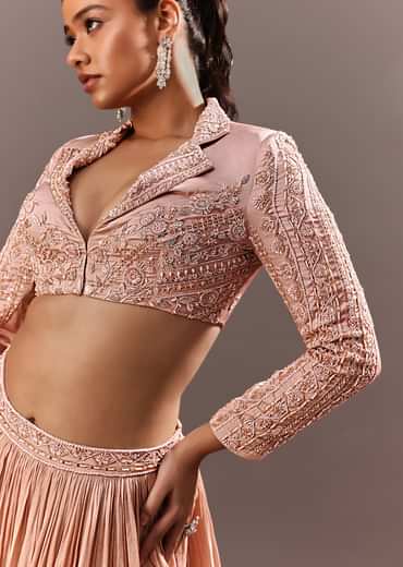 Peach Embroidered Ruched Lehenga With Collar Neck Blouse And Dupatta