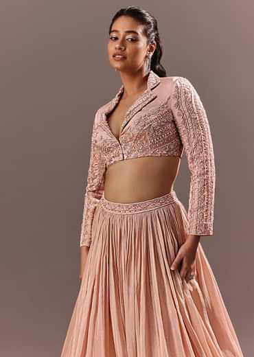 Peach Embroidered Ruched Lehenga With Collar Neck Blouse And Dupatta