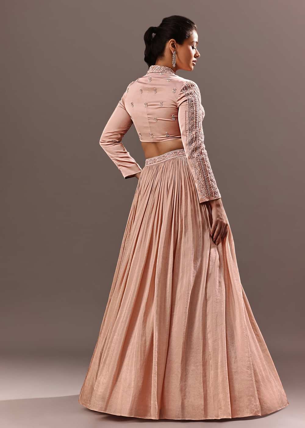 Peach Embroidered Ruched Lehenga With Collar Neck Blouse And Dupatta
