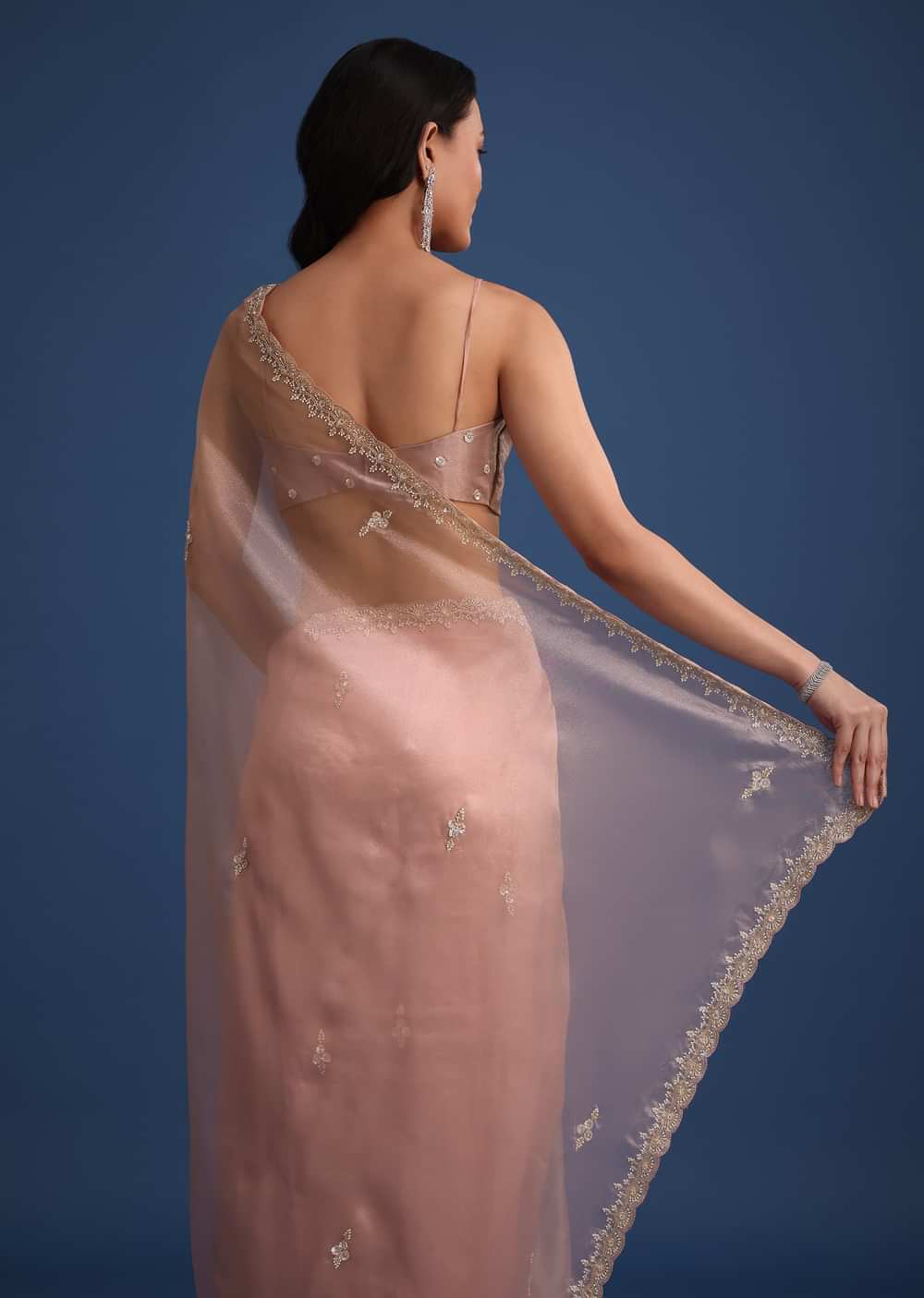 Pink Tissue Silk Cutdana Work Saree With Embellished Scallop Border