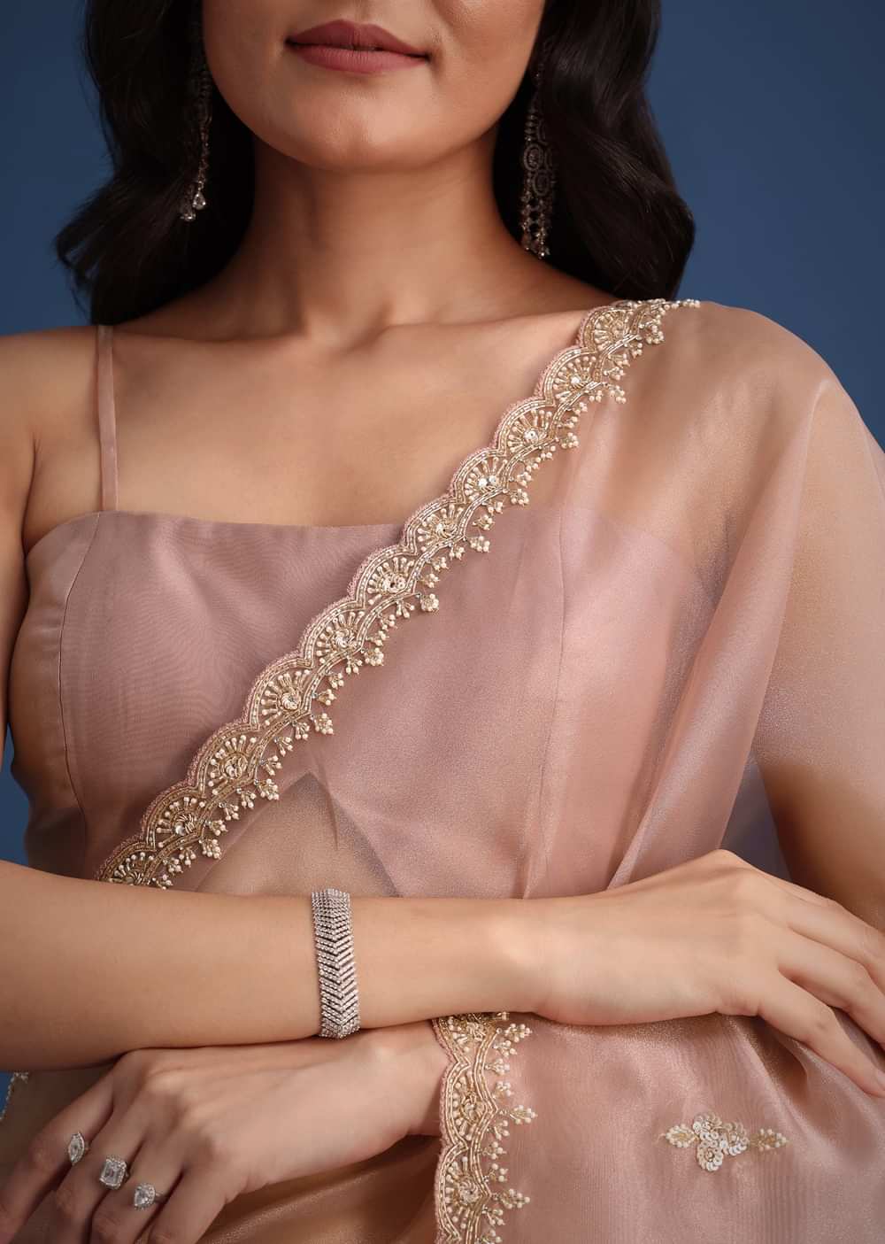 Pink Tissue Silk Cutdana Work Saree With Embellished Scallop Border