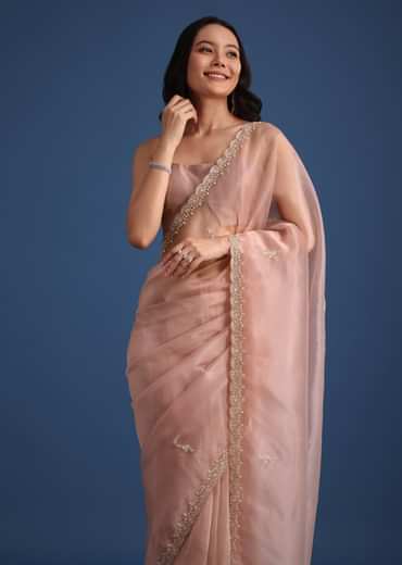 Pink Tissue Silk Cutdana Work Saree With Embellished Scallop Border