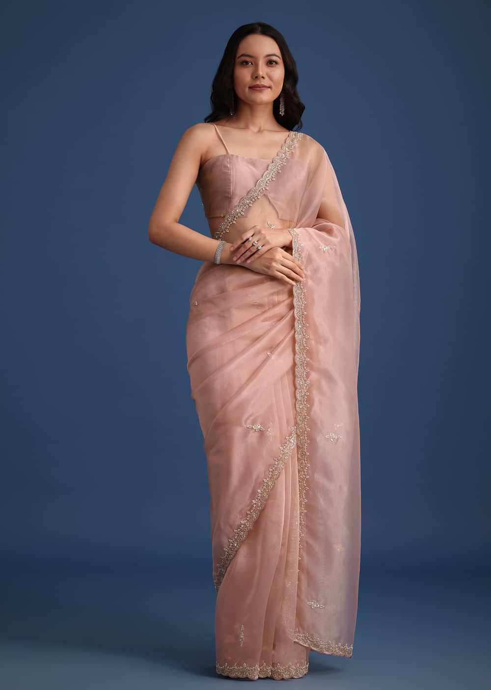 Pink Tissue Silk Cutdana Work Saree With Embellished Scallop Border