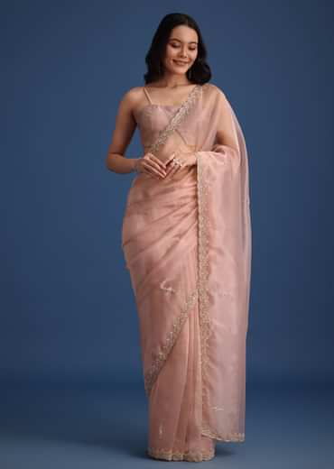 Pink Tissue Silk Cutdana Work Saree With Embellished Scallop Border