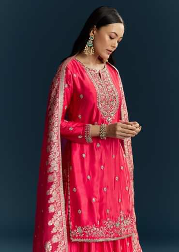 Pink Zari Palazzo Suit Set With Dupatta