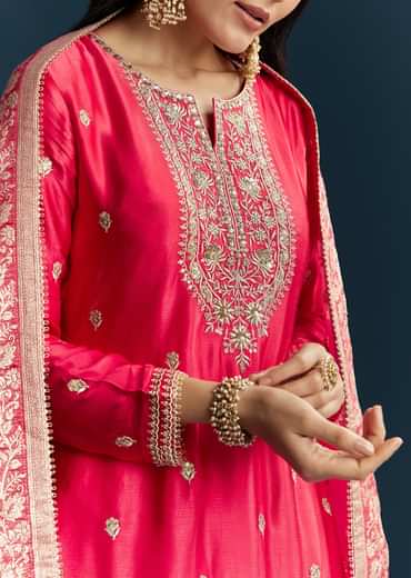 Pink Zari Palazzo Suit Set With Dupatta