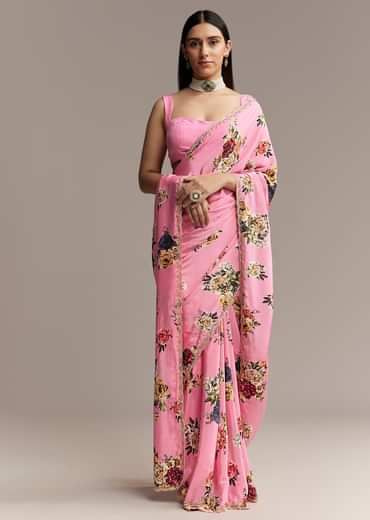 Pink Crepe Saree With Floral Digital Print And Sequin Border