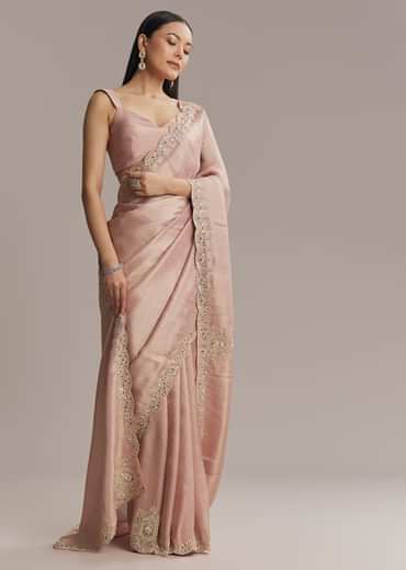Pink Jacquard Saree With Zardosi And Stone Embroidery