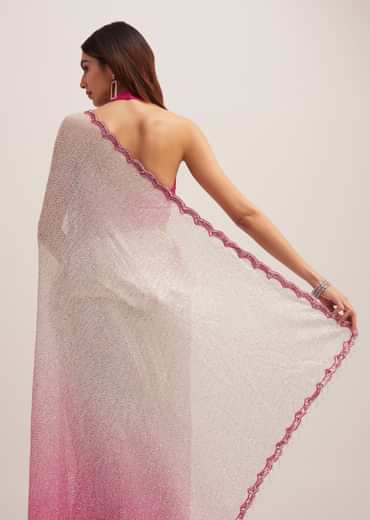 Pink Ombre Sequins Saree With Scallop Border