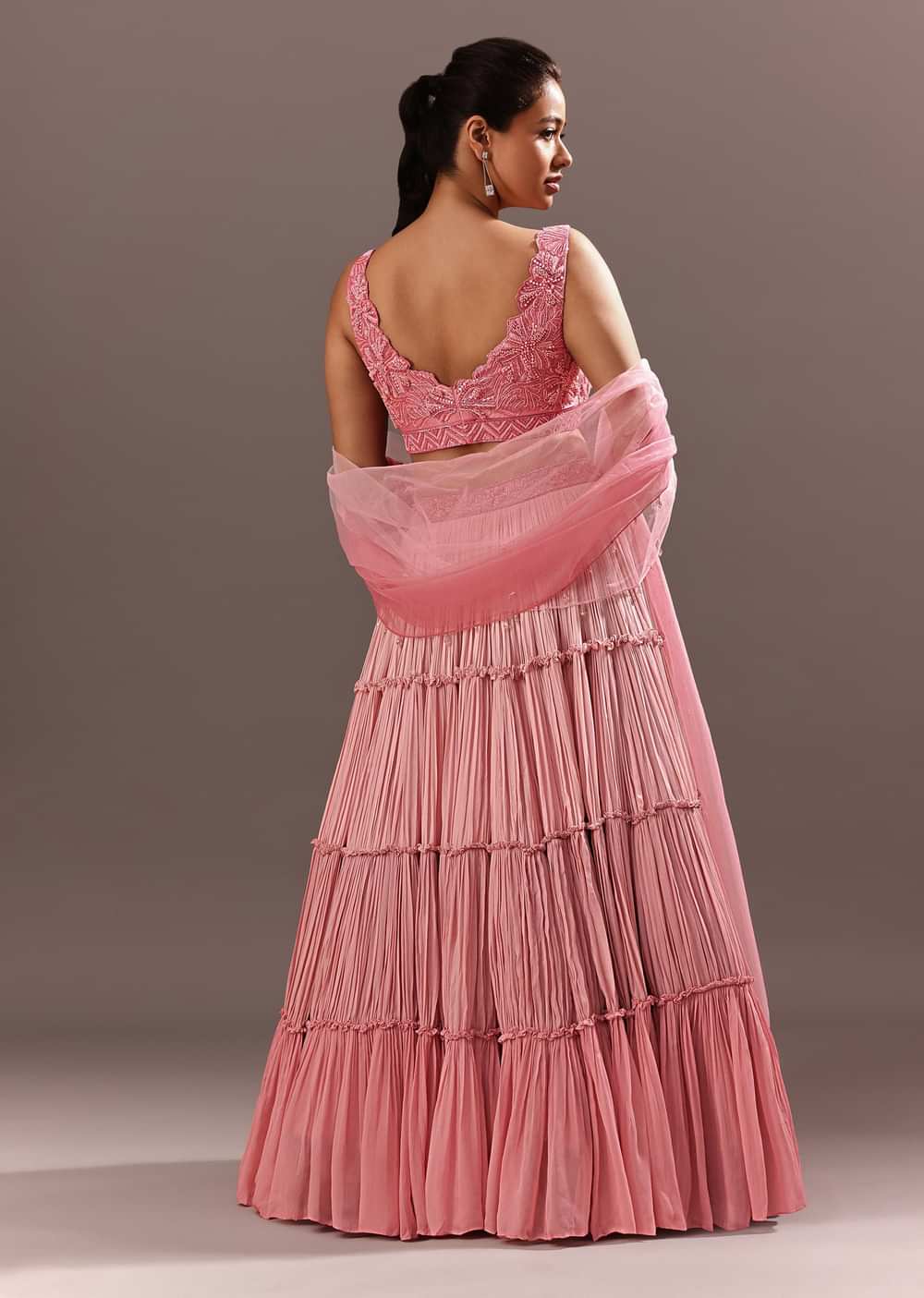 Pink Onbre Georgette Tiered Lehenga And Dupatta With V Neck Embroidered Raw Silk Blouse