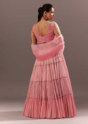 Pink Onbre Georgette Tiered Lehenga And Dupatta With V Neck Embroidered Raw Silk Blouse