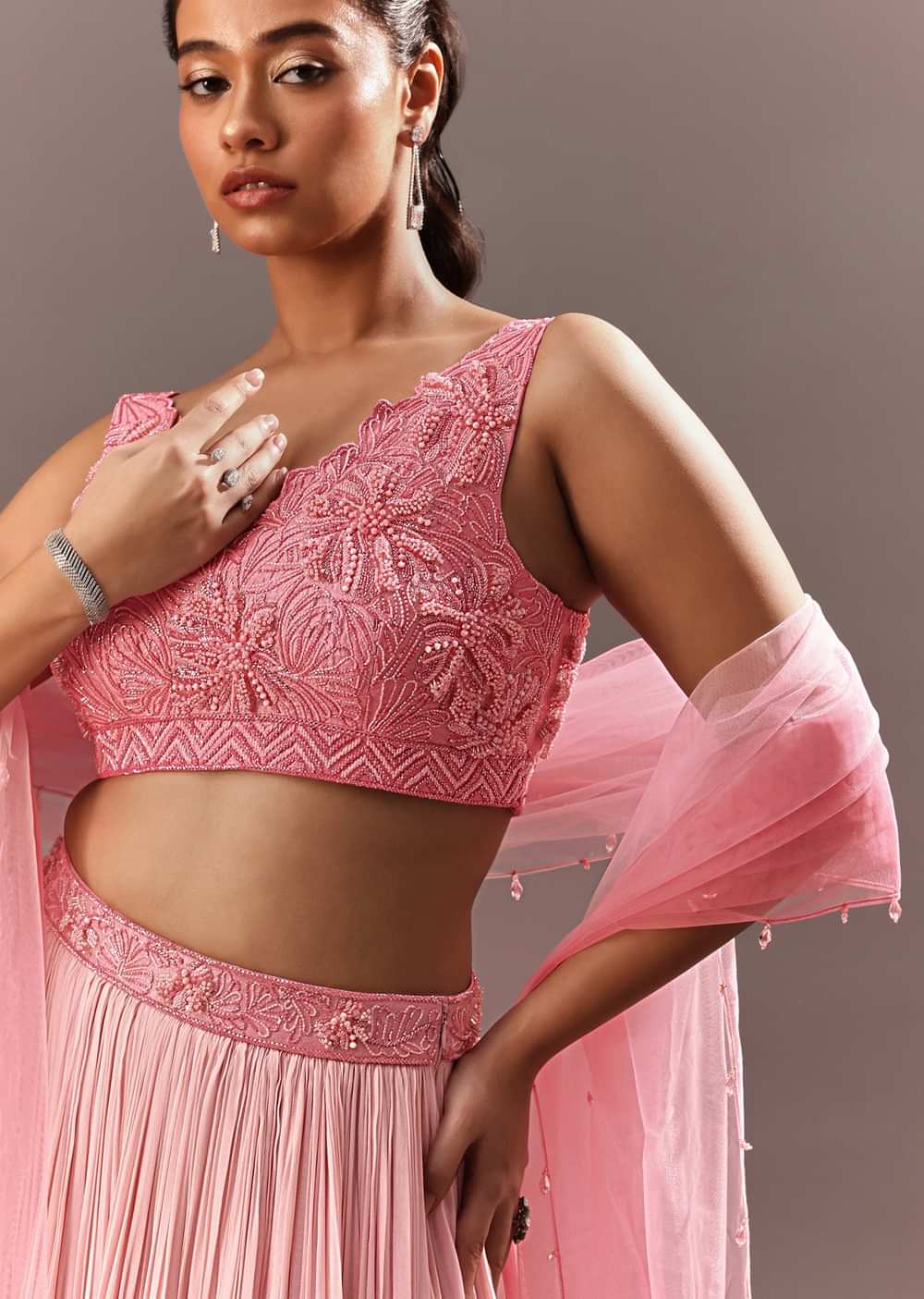 Pink Onbre Georgette Tiered Lehenga And Dupatta With V Neck Embroidered Raw Silk Blouse