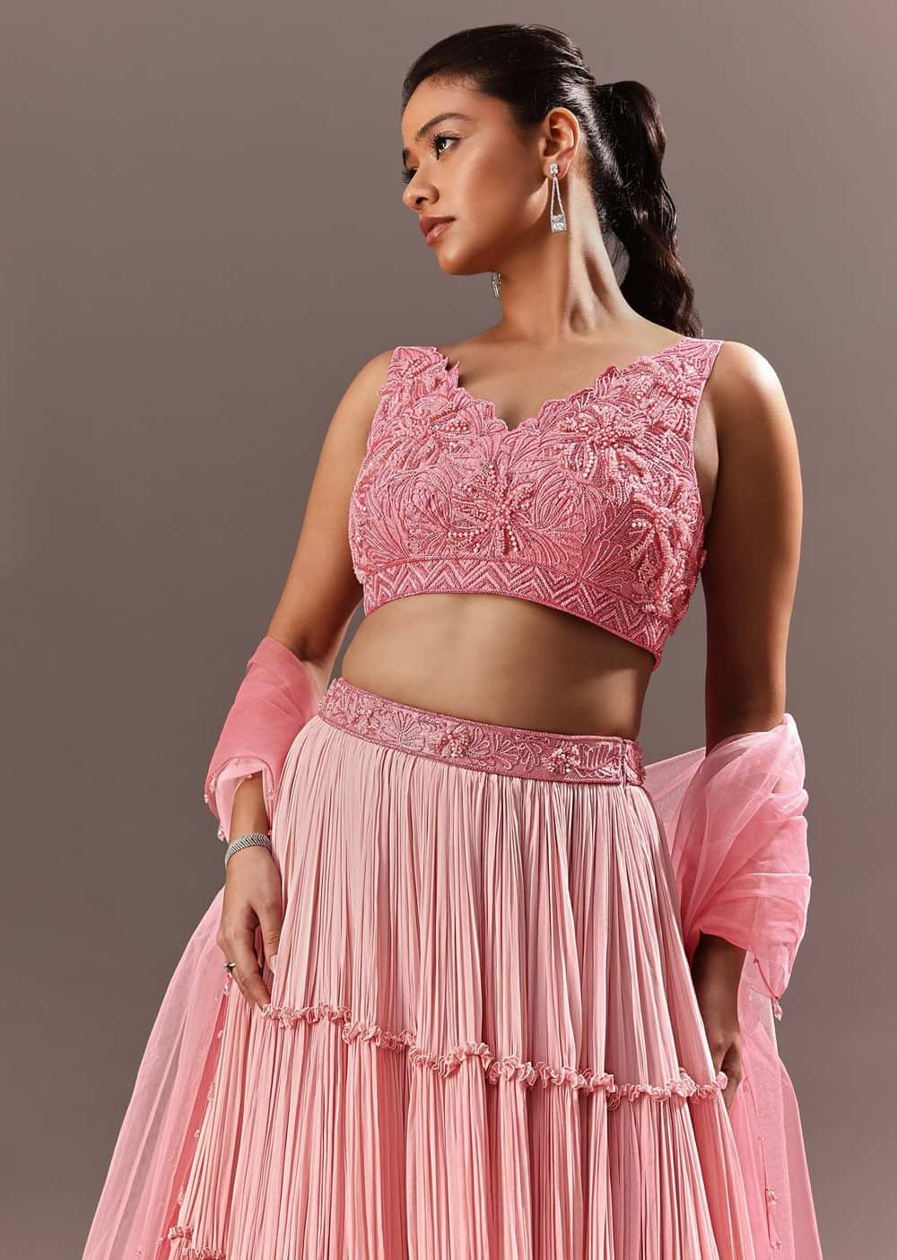 Pink Onbre Georgette Tiered Lehenga And Dupatta With V Neck Embroidered Raw Silk Blouse