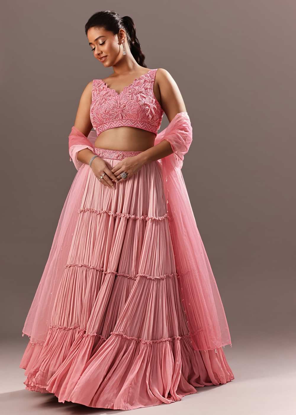 Pink Onbre Georgette Tiered Lehenga And Dupatta With V Neck Embroidered Raw Silk Blouse