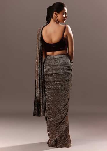 Pre Stitched Brown Sequined Saree With Cowl Blouse