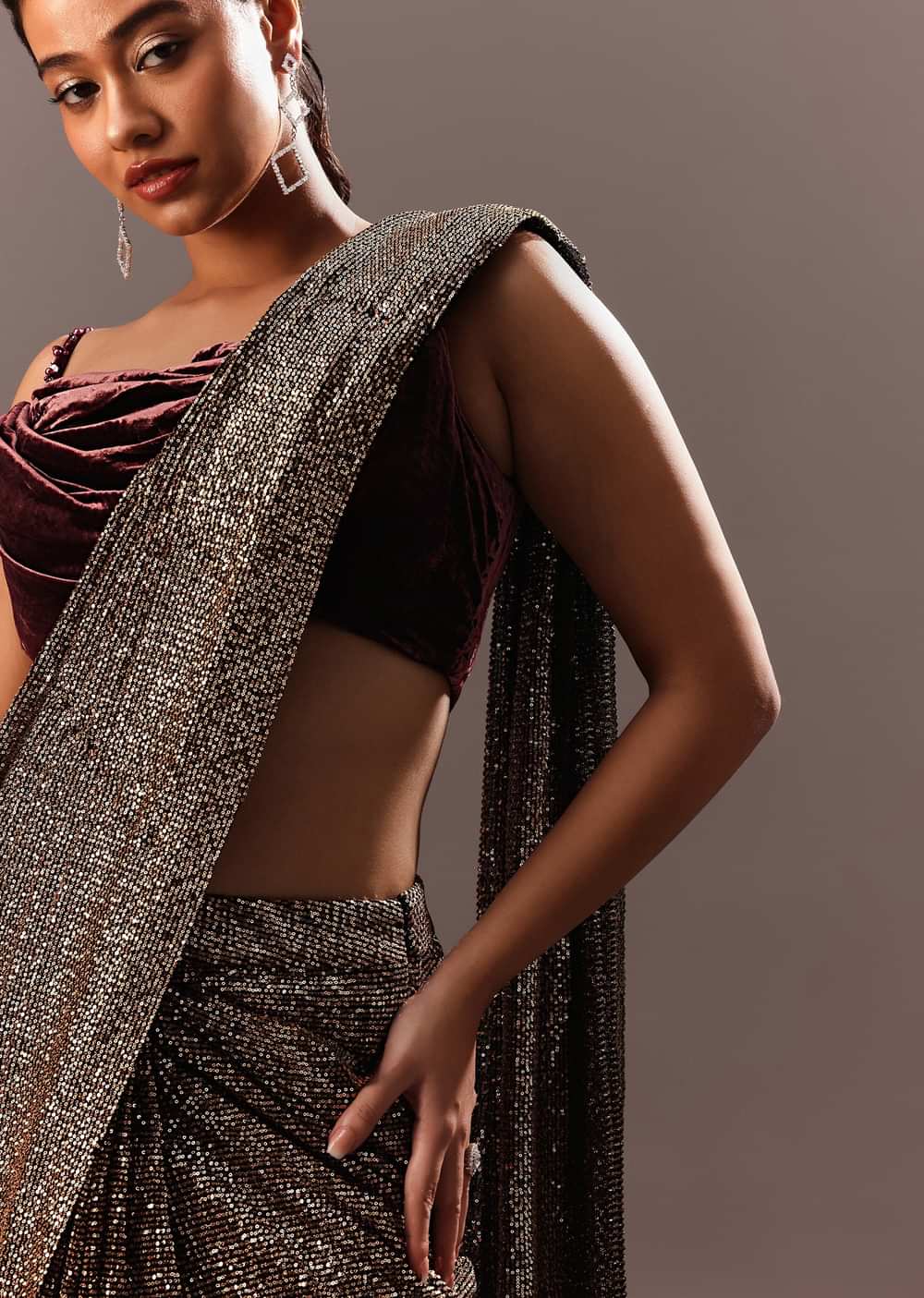 Pre Stitched Brown Sequined Saree With Cowl Blouse