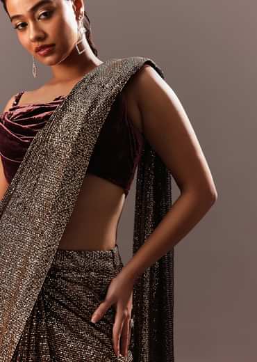 Pre Stitched Brown Sequined Saree With Cowl Blouse