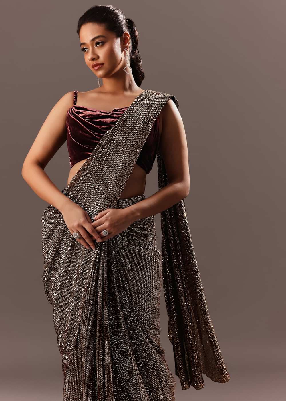 Pre Stitched Brown Sequined Saree With Cowl Blouse