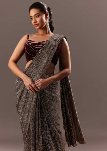 Pre Stitched Brown Sequined Saree With Cowl Blouse