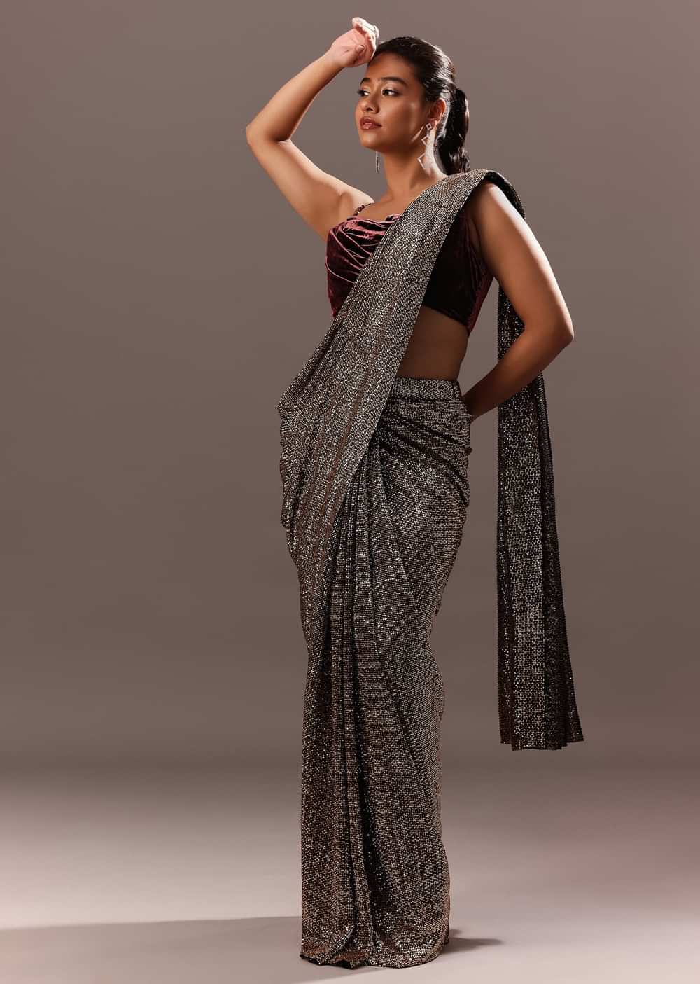 Pre Stitched Brown Sequined Saree With Cowl Blouse