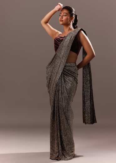 Pre Stitched Brown Sequined Saree With Cowl Blouse