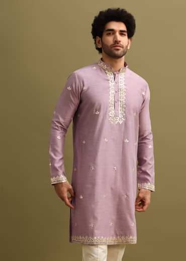 Purple Abla Work Kurta Set For Men