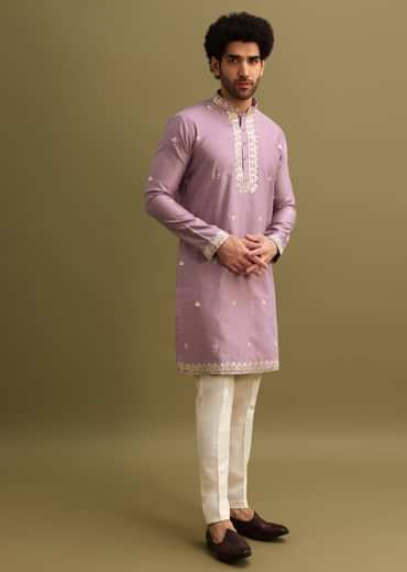 Purple Abla Work Kurta Set For Men