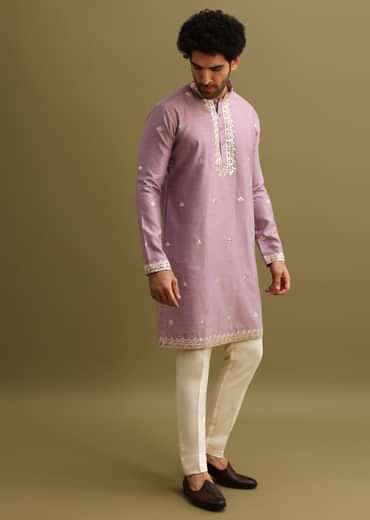 Purple Abla Work Kurta Set For Men
