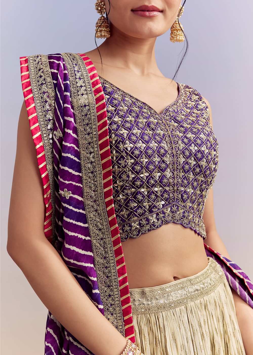 Purple Brocade Silk Bridesmaid Lehenga With Leheriya Dupatta And Zardosi Work