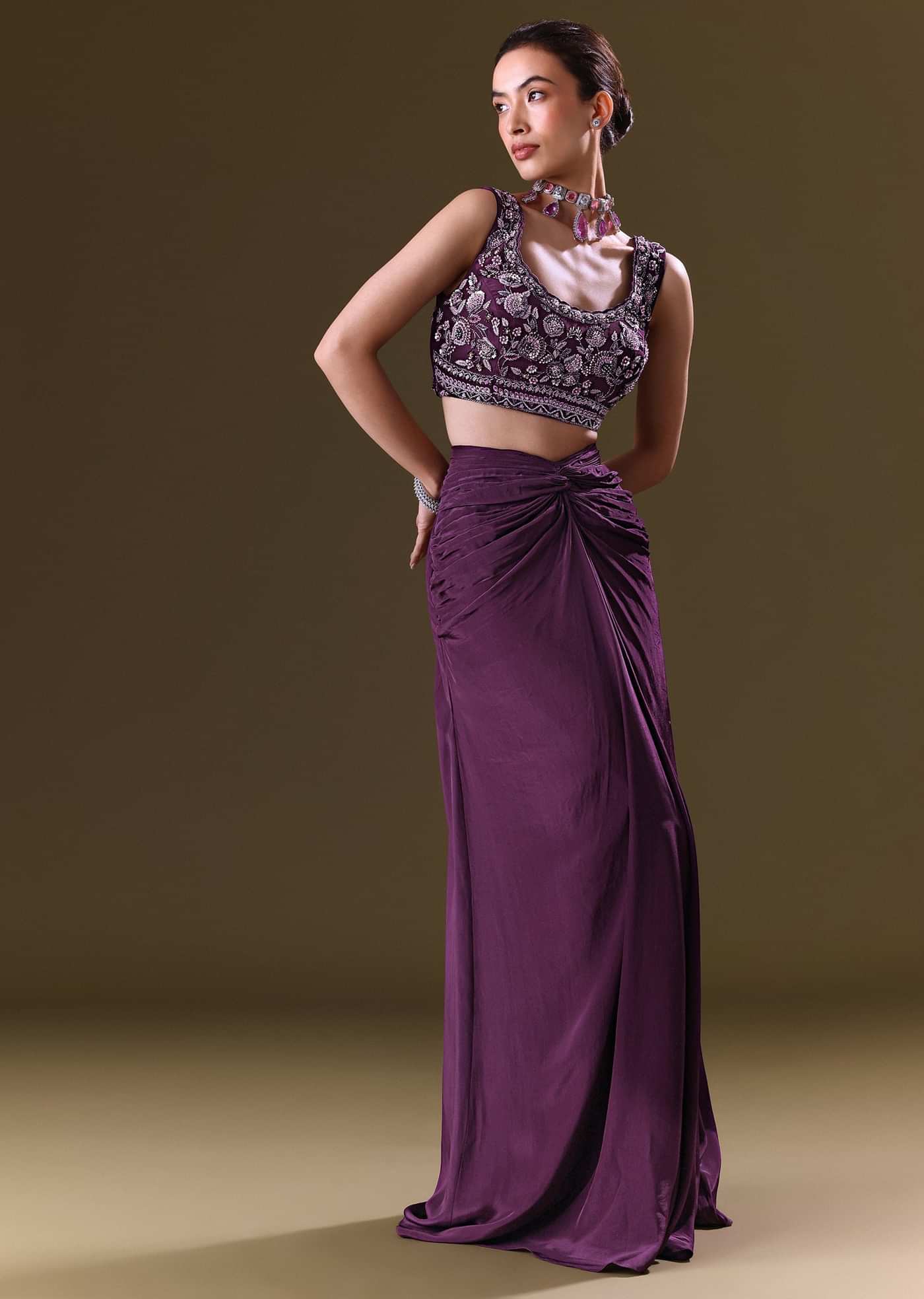 Purple Embroidered Drape Skirt With Embroidered Net Cape