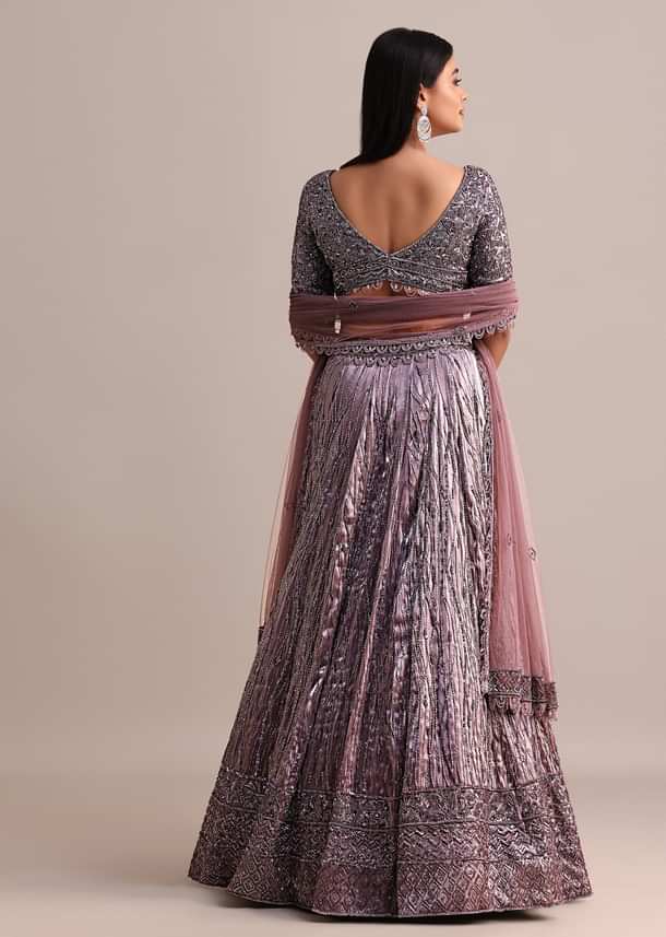 Purple Organza Bridal Lehenga With Embroidered Blouse And Net Dupatta