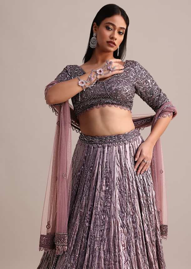 Purple Organza Bridal Lehenga With Embroidered Blouse And Net Dupatta