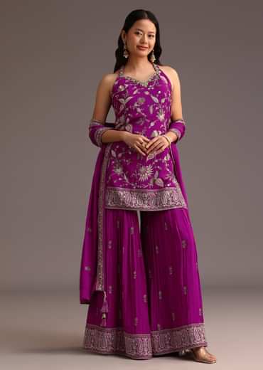 Purple Resham Work Sharara Set With Dupatta