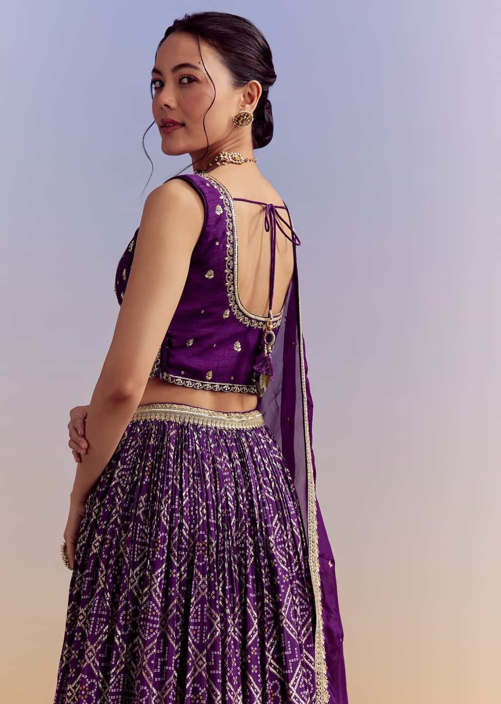 Purple Silk Bandhani Bridesmaid Lehenga With Zardosi Work