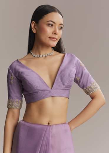Purple Tissue Saree With Zardosi And Bead Embroidery