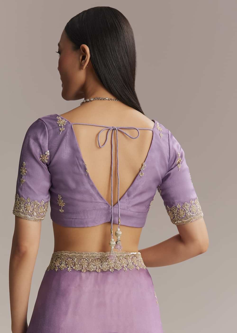 Purple Tissue Saree With Zardosi And Bead Embroidery