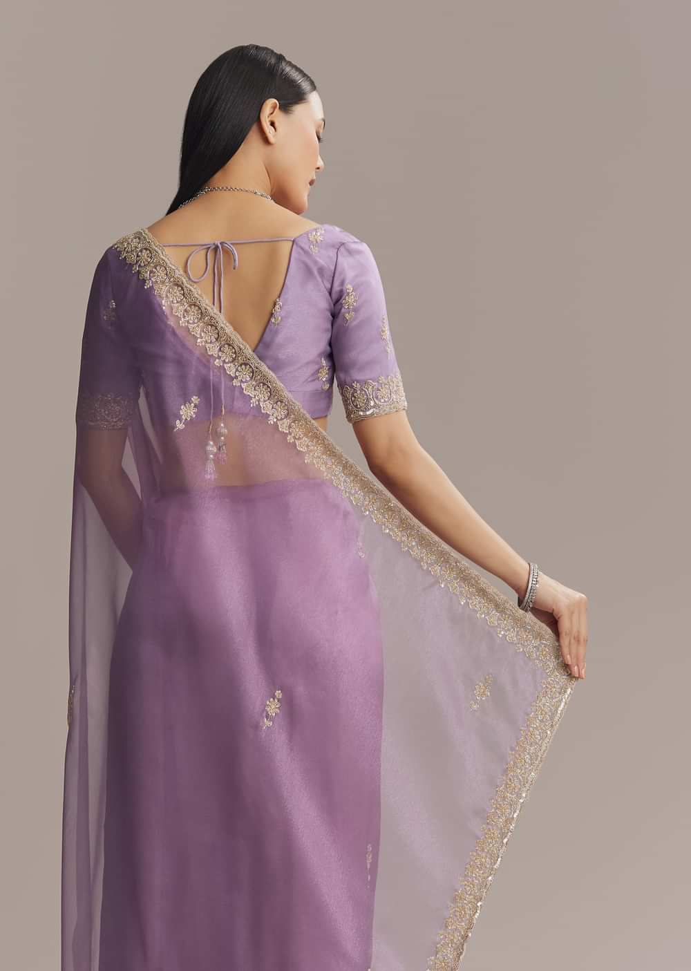 Purple Tissue Saree With Zardosi And Bead Embroidery