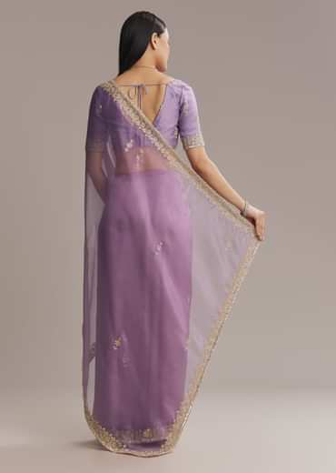 Purple Tissue Saree With Zardosi And Bead Embroidery