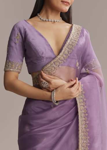 Purple Tissue Saree With Zardosi And Bead Embroidery