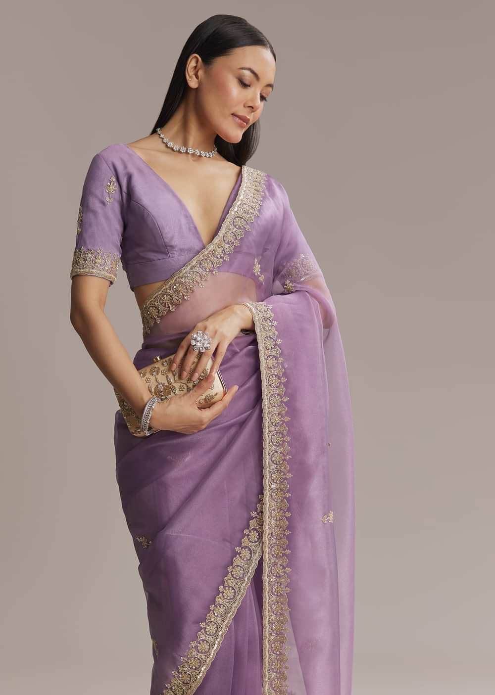 Purple Tissue Saree With Zardosi And Bead Embroidery
