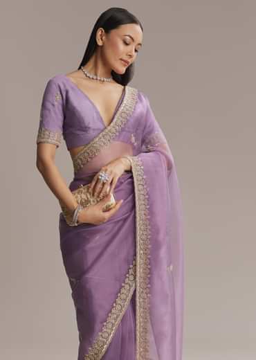 Purple Tissue Saree With Zardosi And Bead Embroidery